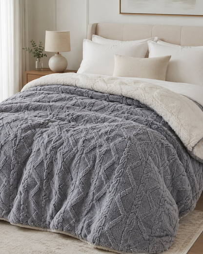 Plaid polaire épais gris à motif torsadé, drapé sur un lit