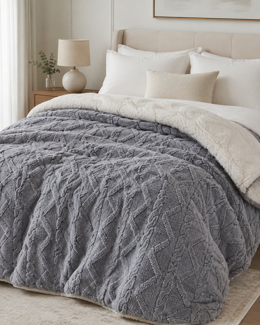 Plaid polaire épais gris à motif torsadé, drapé sur un lit