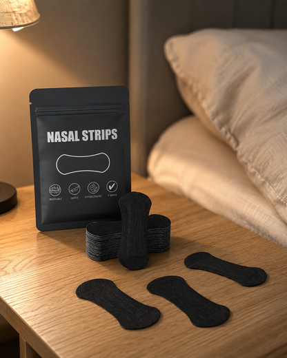 Bandelettes nasales noires et leur emballage posés sur une table de chevet