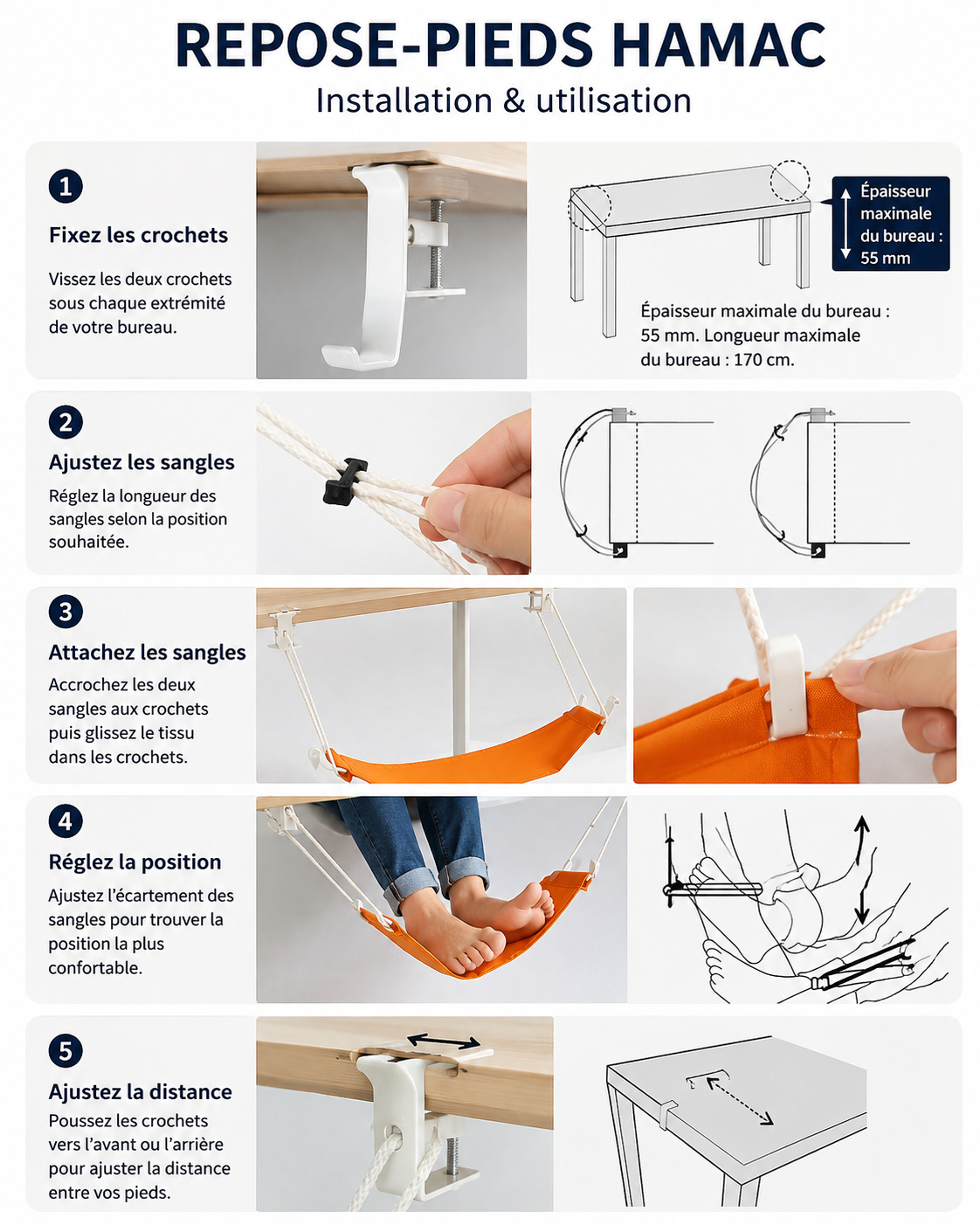 Repose-Pieds Ergonomique Hamac Suspendu de Bureau