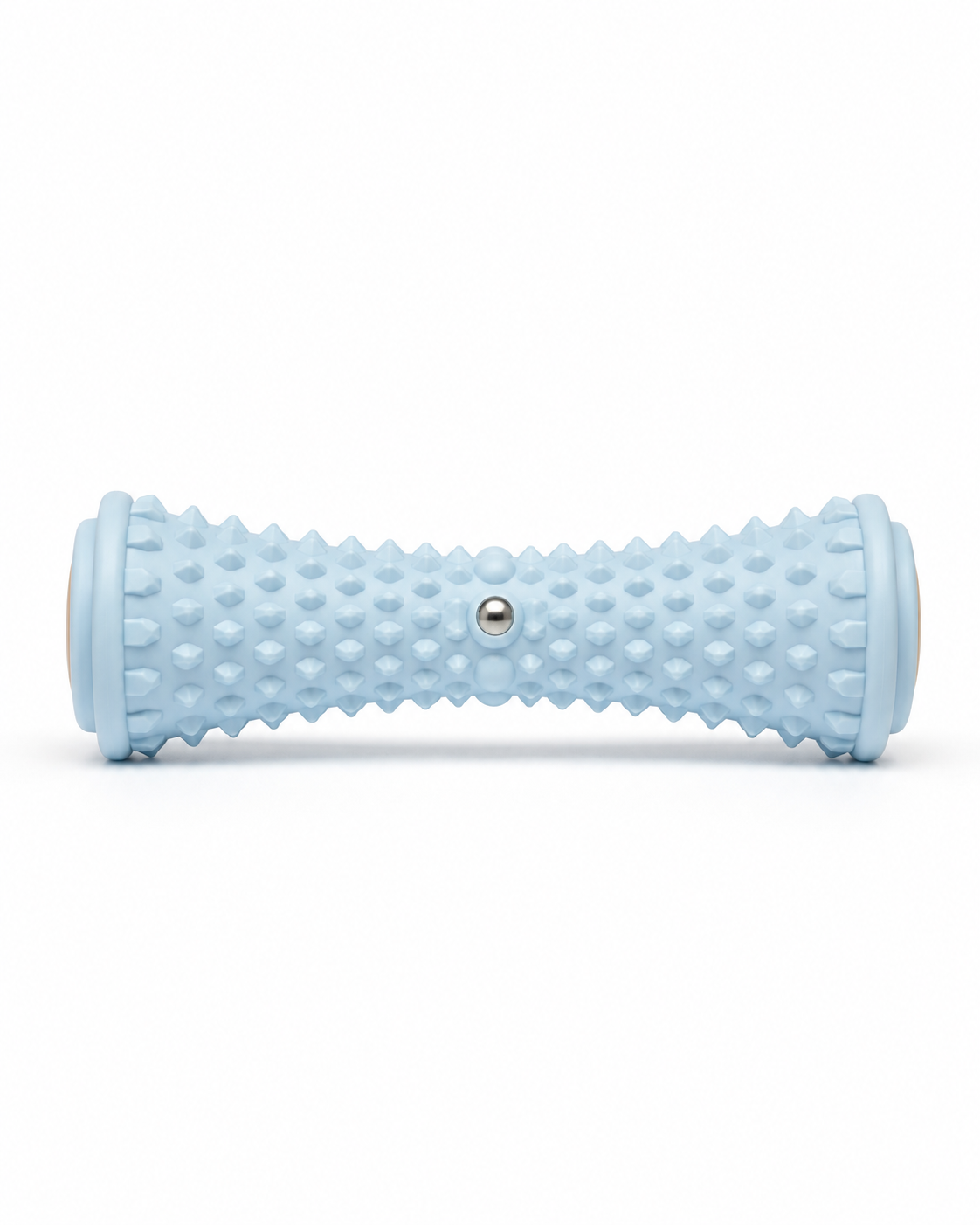 Rouleau de massage pour pieds bleu vu de face, couvert de picots