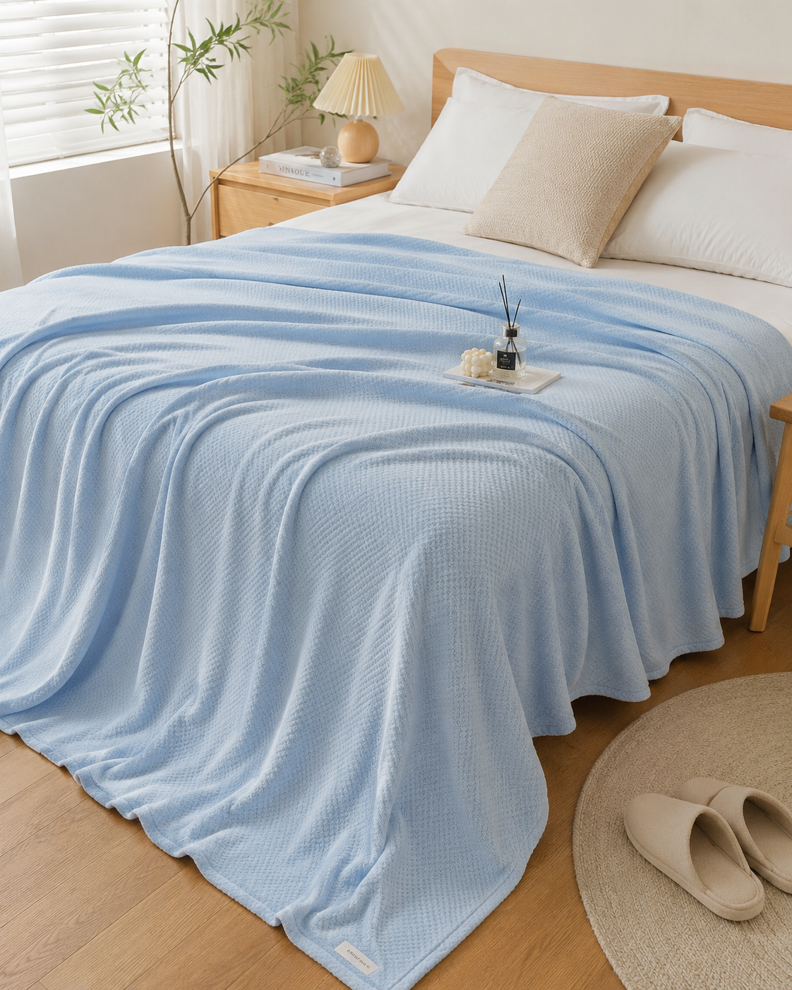 Couverture légère bleu ciel en fibre de bambou posée sur un lit