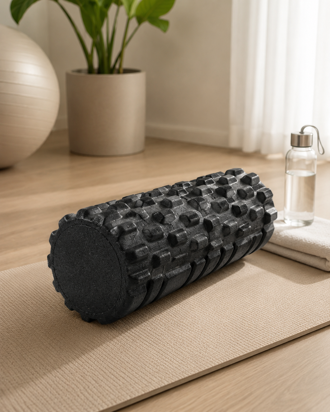 Rouleau de massage en mousse dense noir posé sur un tapis de sol