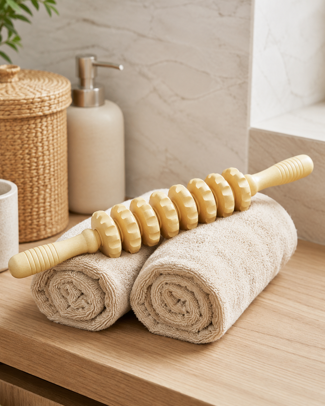 Bâton de massage en bois clair posé sur des serviettes roulées