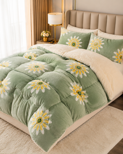 Couverture polaire verte à motif marguerites avec ses taies assorties, sur un lit