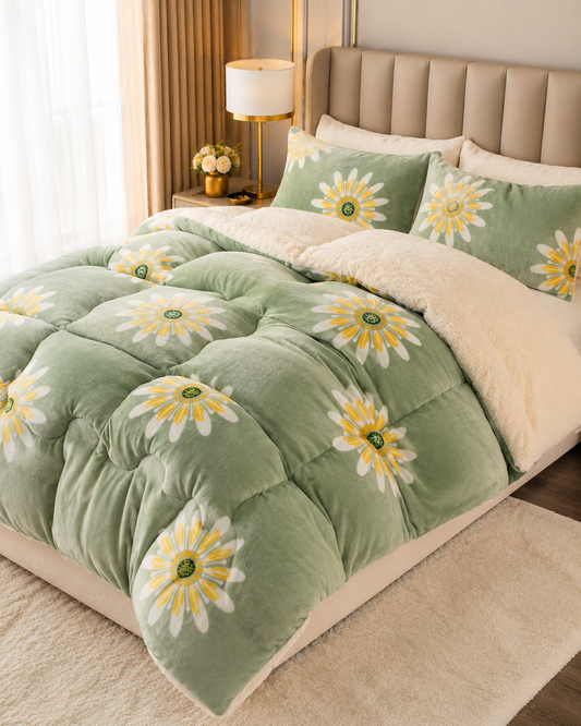 Couverture polaire verte à motif marguerites avec ses taies assorties, sur un lit