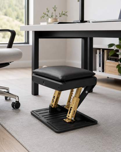Repose-pieds noir réglable en hauteur à mécanisme doré, sous un bureau