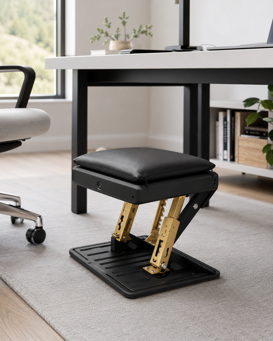 Repose-pieds noir réglable en hauteur à mécanisme doré, sous un bureau