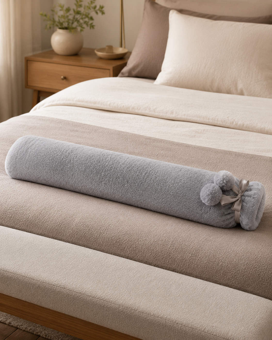 Bouillotte peluche longue grise posée en travers d'un lit