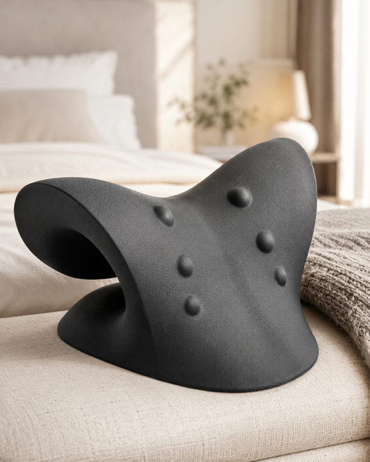 Coussin nuque ergonomique noir posé sur un lit