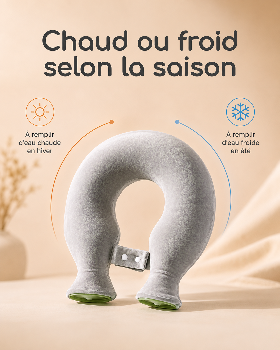 Bouillotte nuque en U à remplir d'eau chaude en hiver ou d'eau froide en été