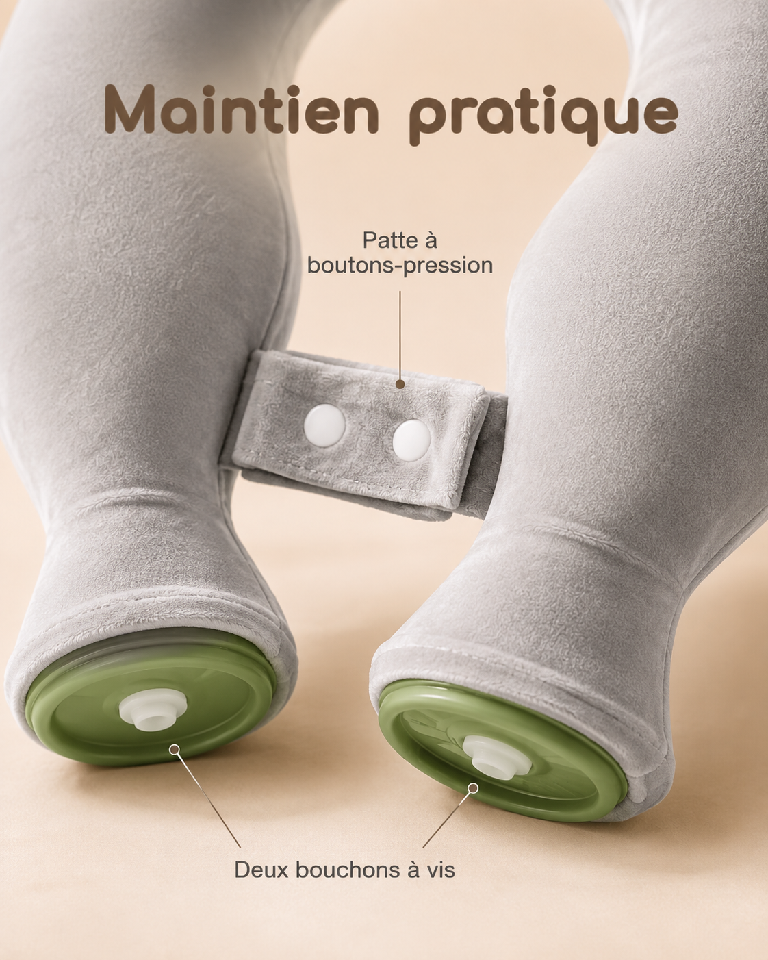 Patte à boutons-pression et deux bouchons à vis de la bouillotte nuque