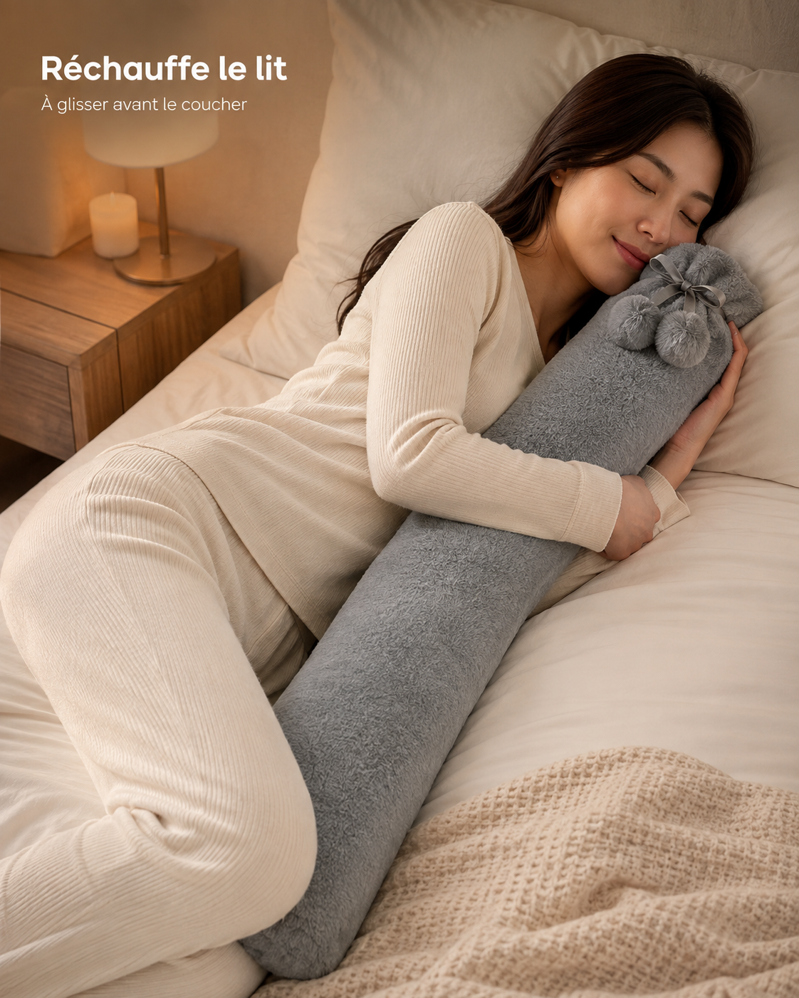 Bouillotte peluche longue grise glissée dans le lit avant le coucher