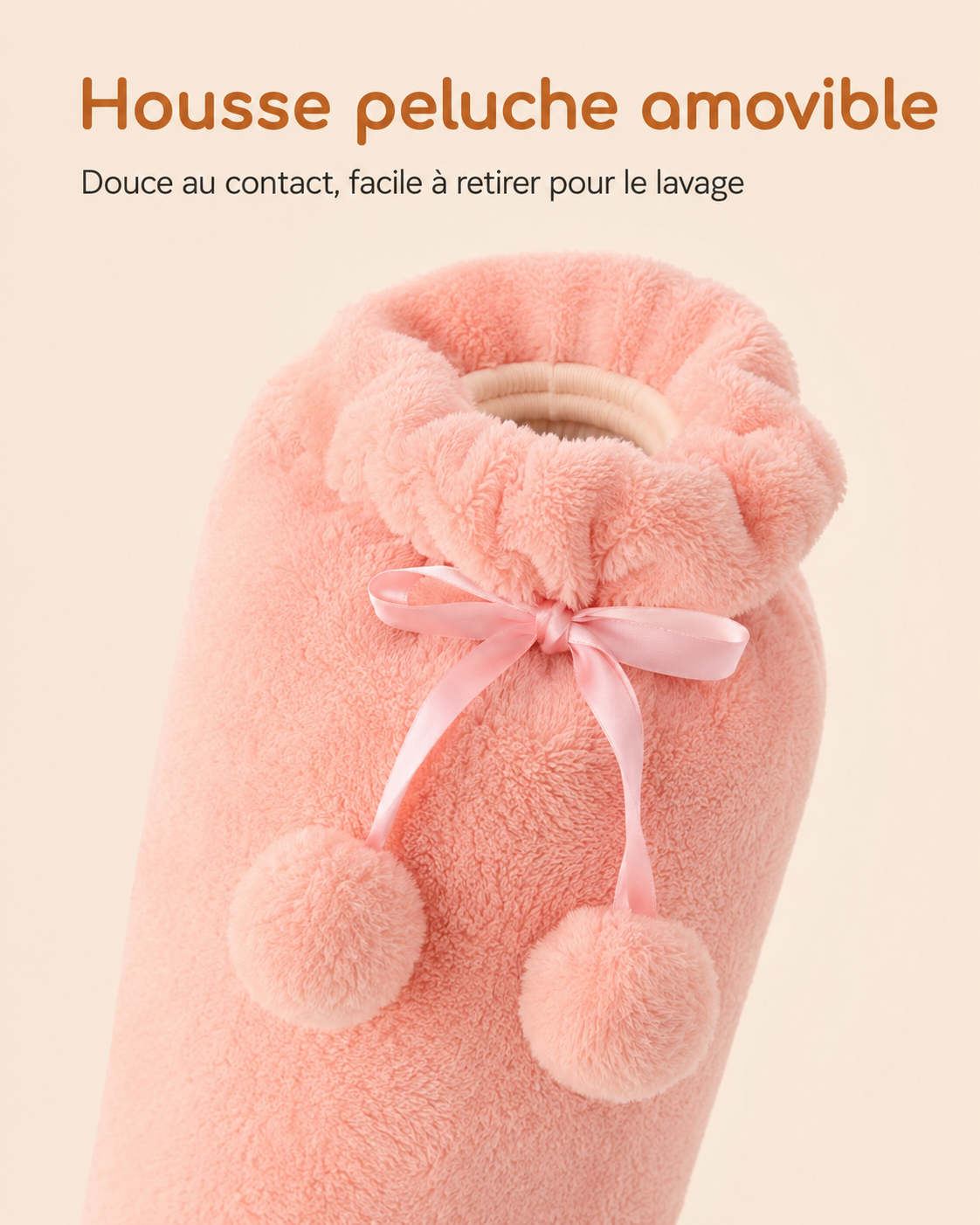 Housse en peluche amovible de la bouillotte longue, fermée par un ruban