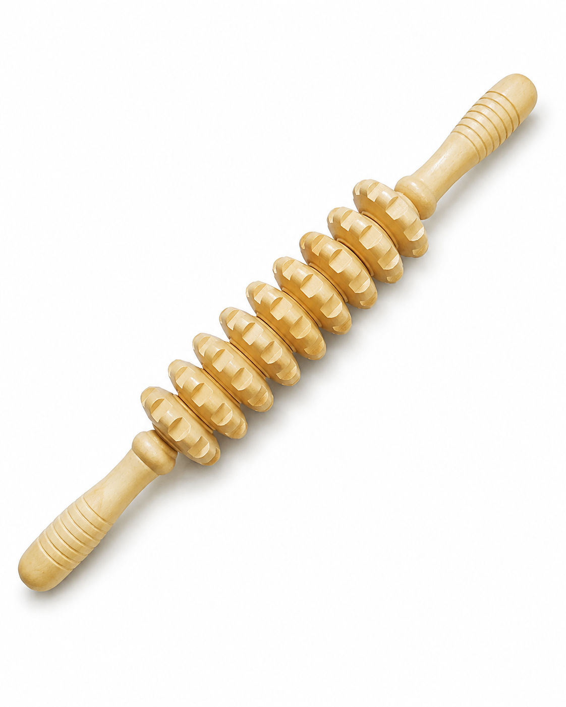 Bâton de massage en bois clair de 38 cm sur fond blanc
