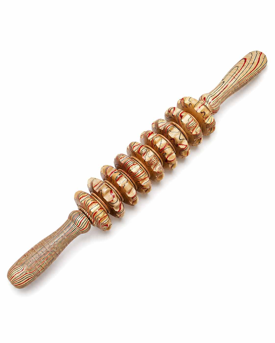 Bâton de massage en bois veiné de 38 cm sur fond blanc