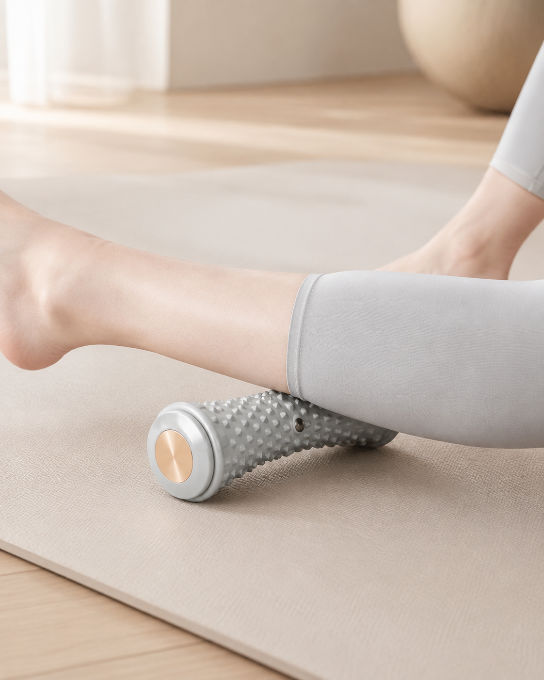 Rouleau de massage roulé sous le mollet, assise sur un tapis
