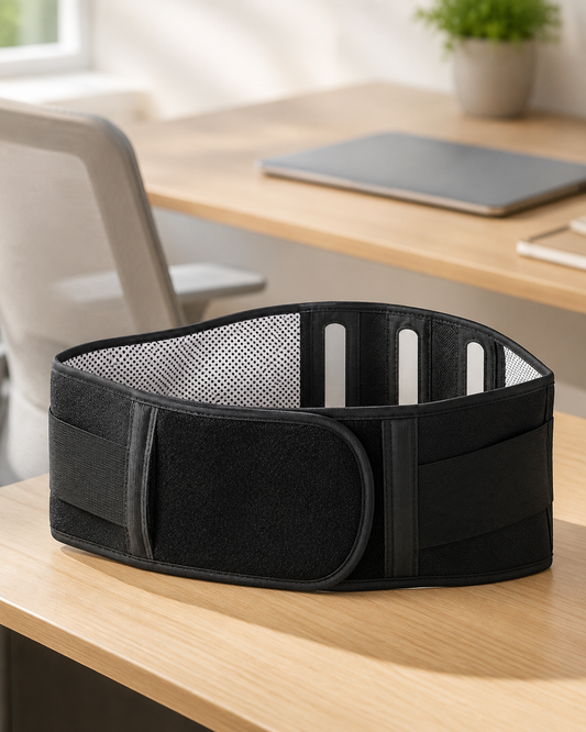 Ceinture lombaire de maintien posée près d'un bureau