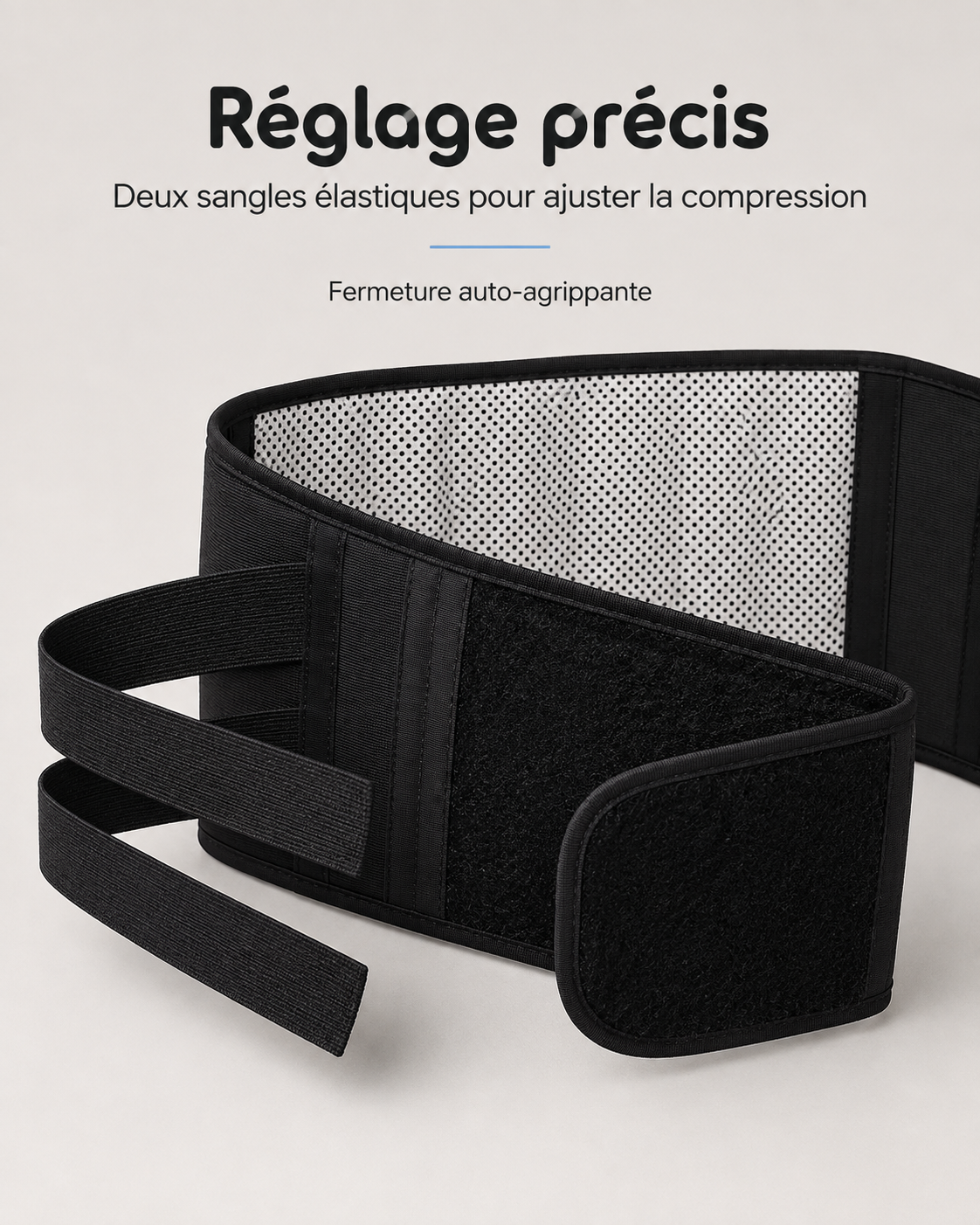 Fermeture auto-agrippante et sangles de réglage de la ceinture lombaire