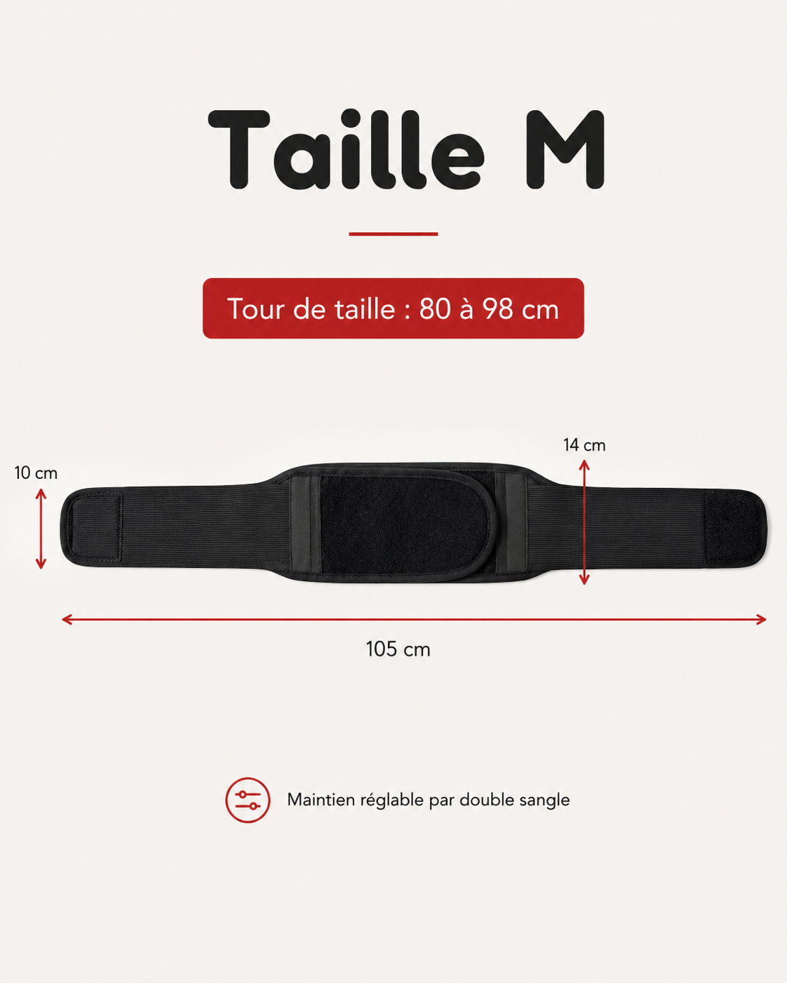 Ceinture lombaire taille M, 105 cm de long, tour de taille 80 à 98 cm