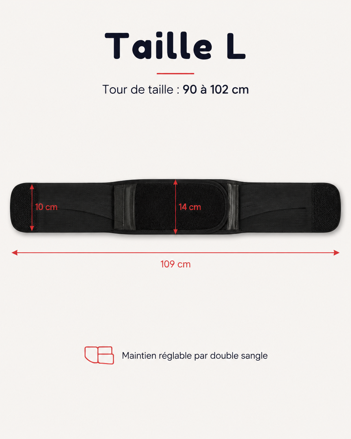 Ceinture lombaire taille L, 109 cm de long, tour de taille 90 à 102 cm