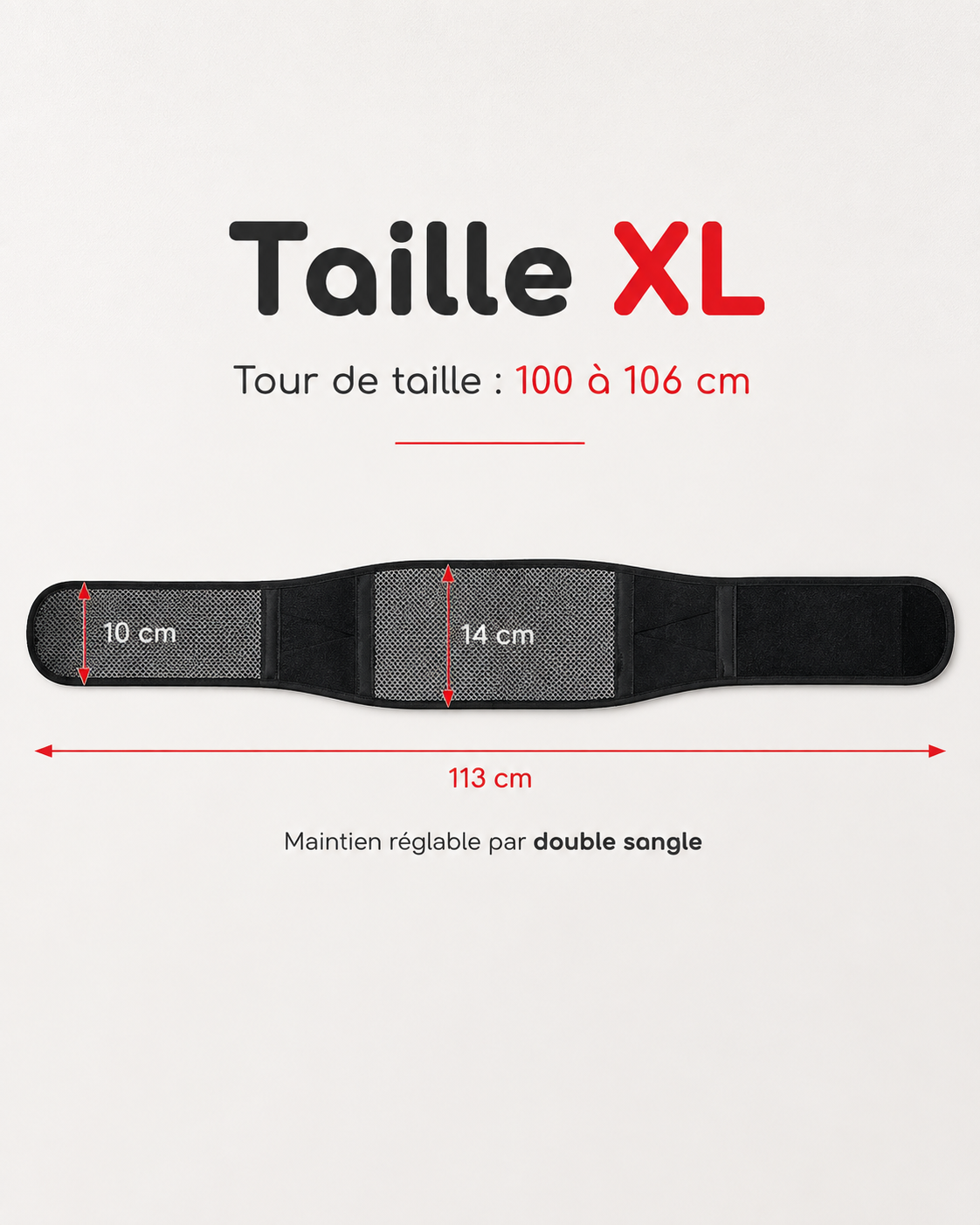 Ceinture lombaire taille XL, 113 cm de long, tour de taille 100 à 106 cm