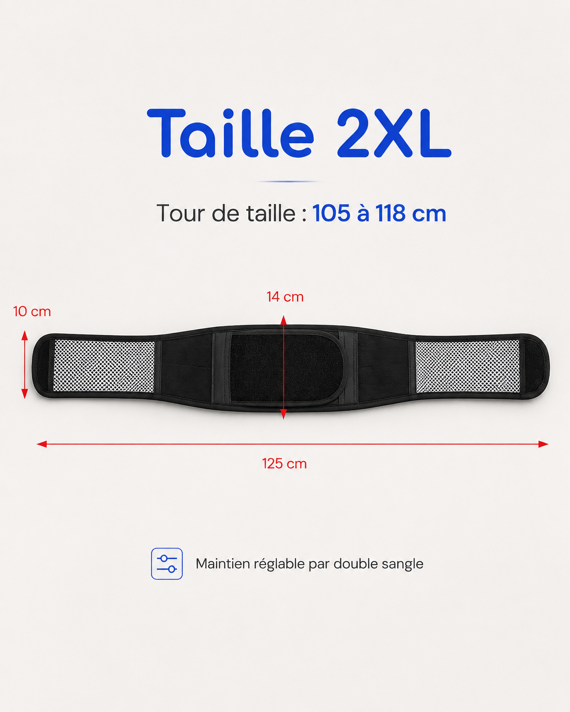 Ceinture lombaire taille 2XL, 125 cm de long, tour de taille 105 à 118 cm