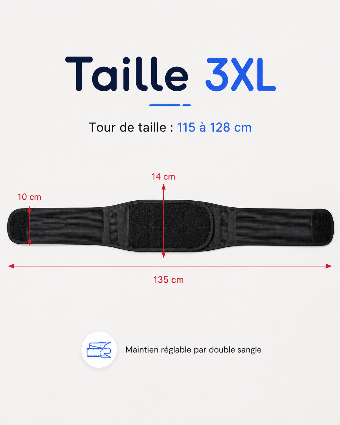 Ceinture lombaire taille 3XL, 135 cm de long, tour de taille 115 à 128 cm