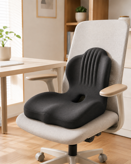 Coussin de chaise noir installé sur un fauteuil de bureau