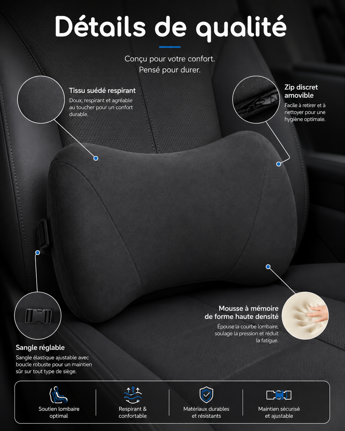 Coussin Lombaire Voiture Compact en Mousse à Mémoire de Forme