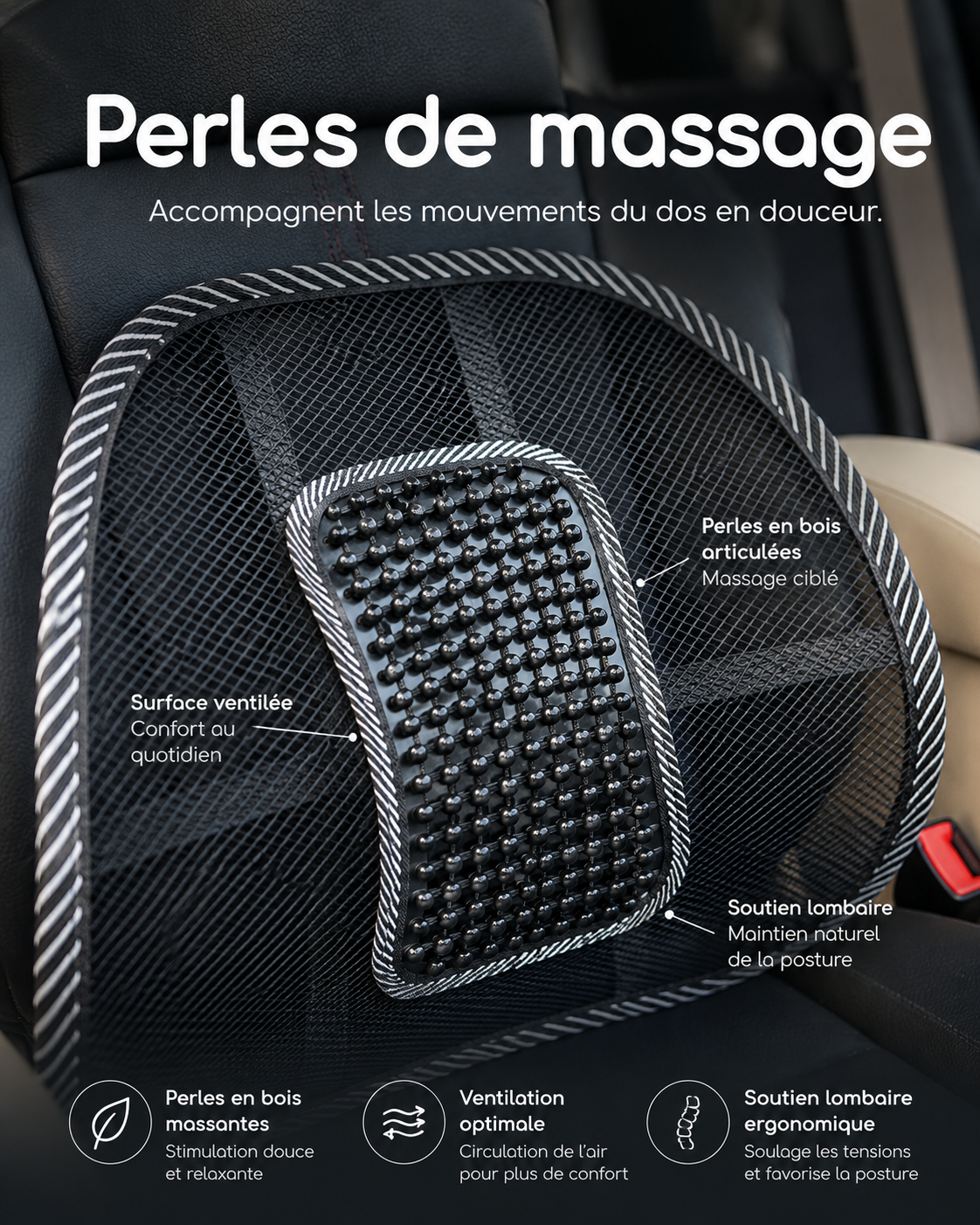 Support Lombaire Résille avec Perles de Massage