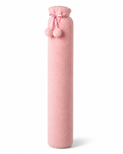 Bouillotte peluche longue rose avec son ruban et ses deux pompons