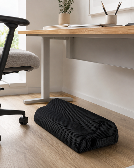 Repose-pieds noir en mousse à mémoire de forme, posé au sol sous un bureau