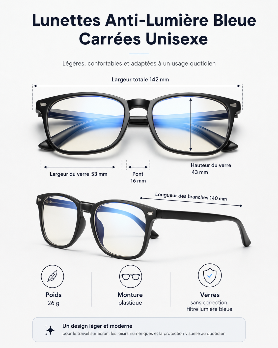 Lunettes Anti-Lumière Bleue Carrées Unisexe