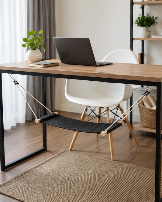 Repose-pieds hamac noir suspendu par des cordes sous un bureau