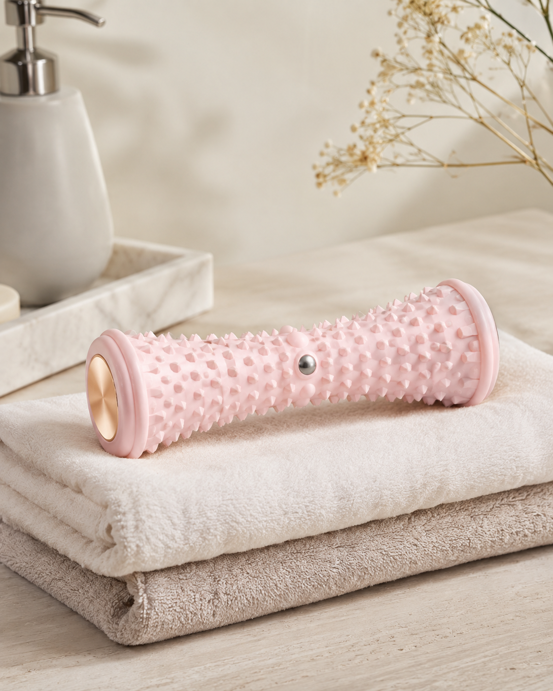 Rouleau de massage pour pieds rose posé sur des serviettes