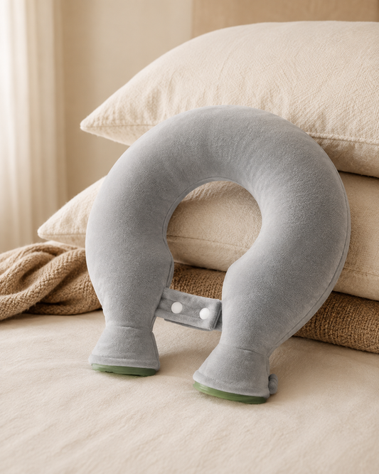 Bouillotte nuque en U grise posée sur un lit