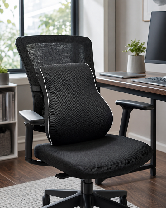 Coussin lombaire noir à liseré blanc fixé au dossier d'une chaise de bureau