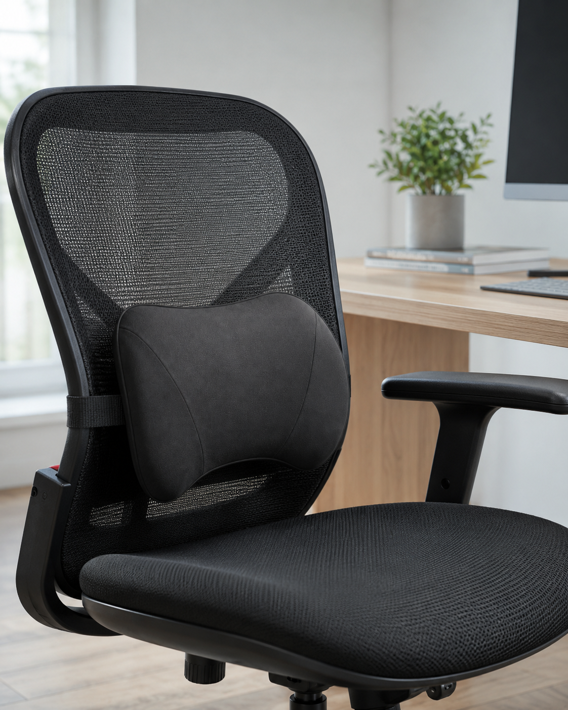 Petit coussin lombaire noir en mousse à mémoire de forme fixé au dossier d'une chaise